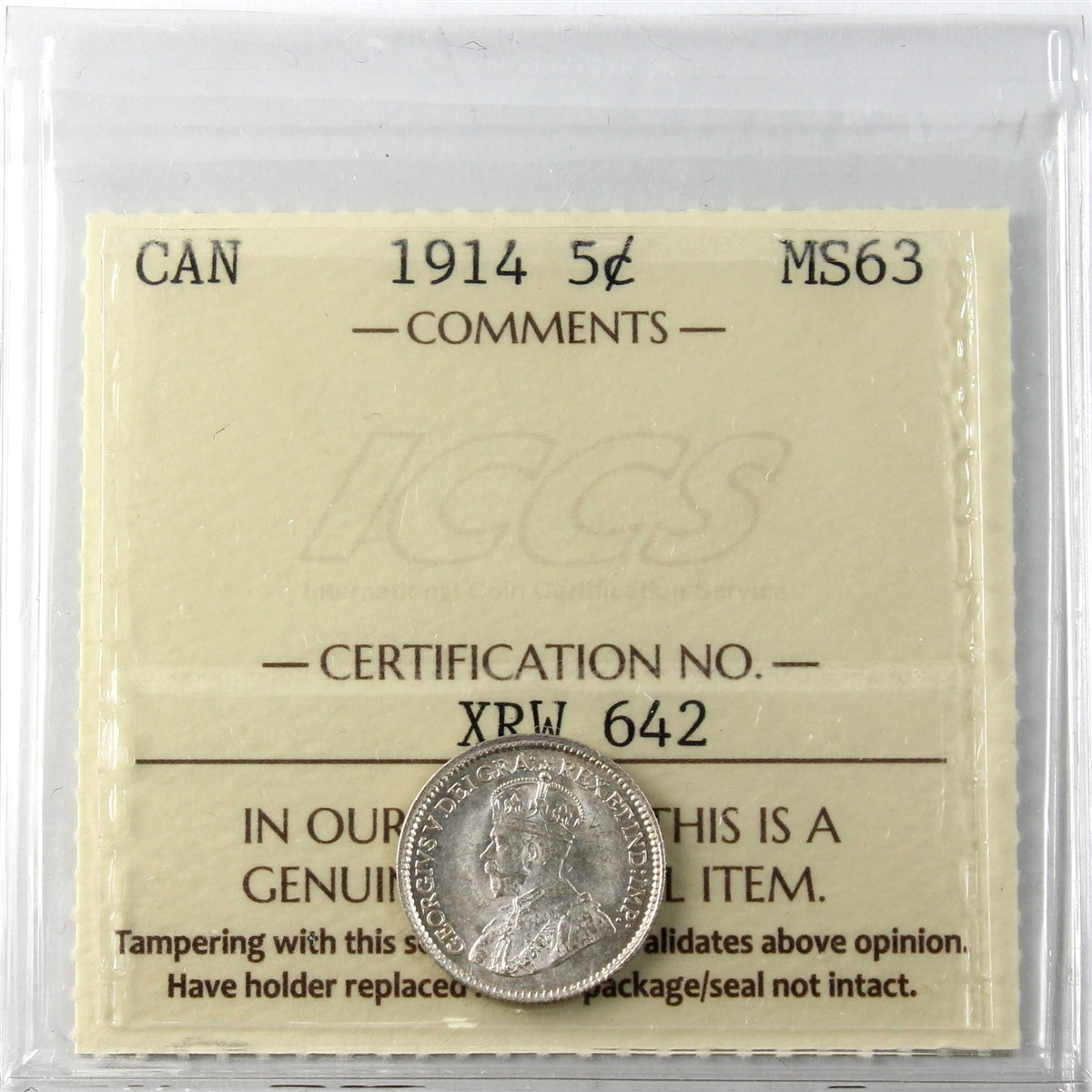 1914 Canada 5-cents ICCS Certified MS63