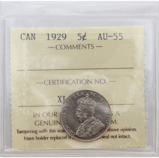 1929 Canada 5-cents ICCS Certified AU55