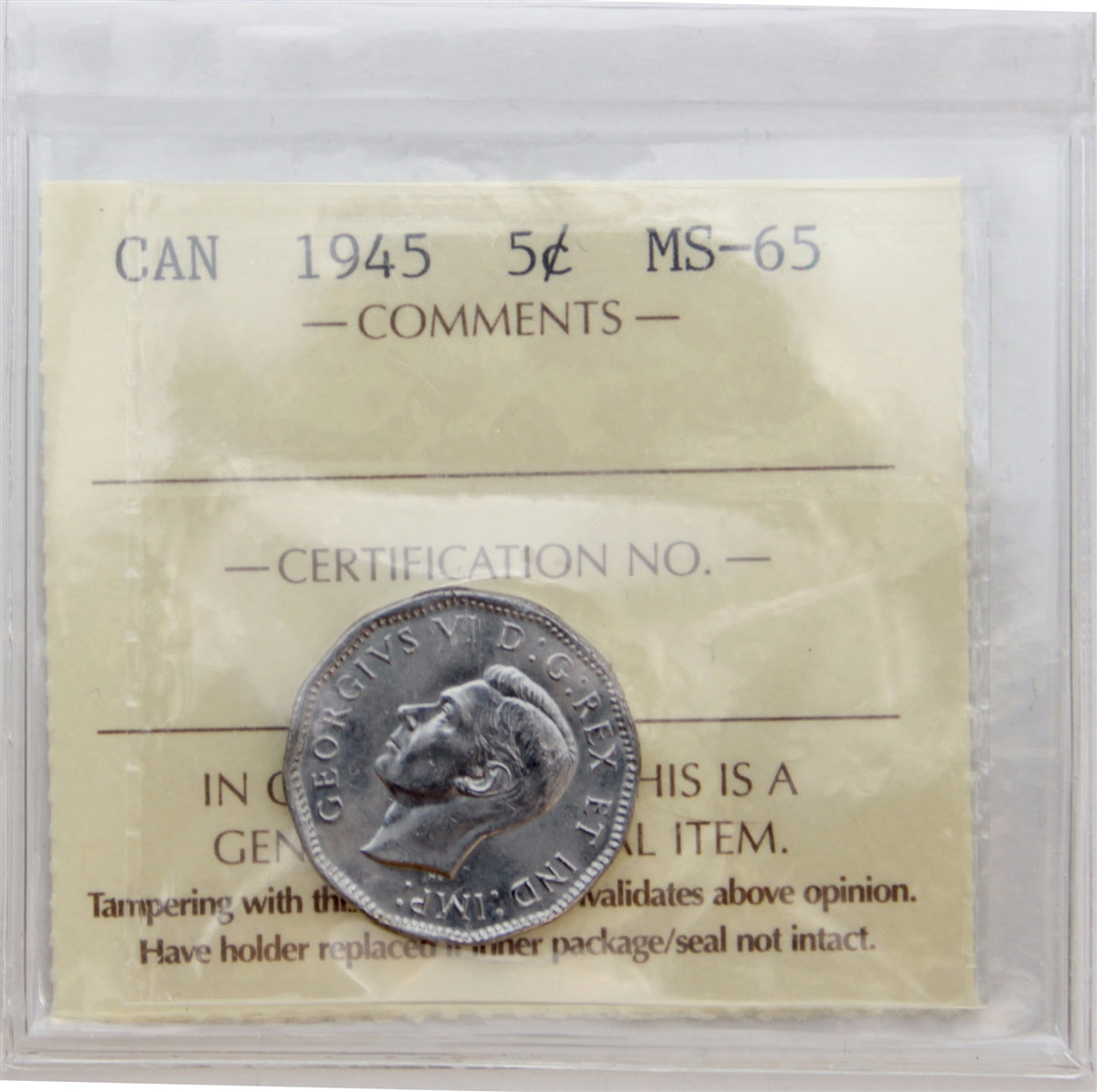 1945 Canada 5-cents ICCS Certified MS65