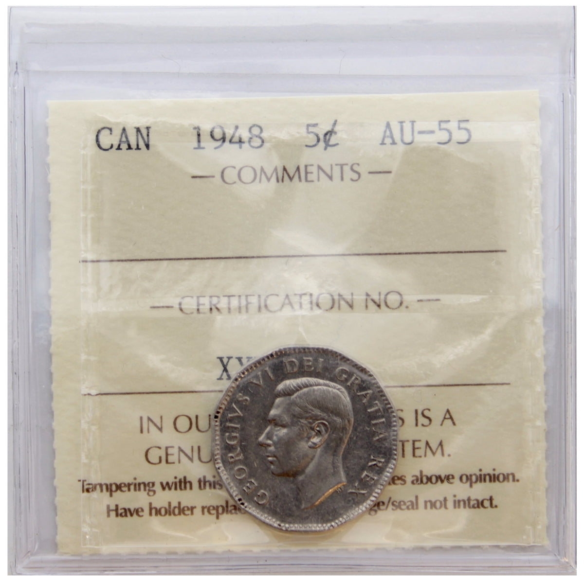 1948 Canada 5-cents ICCS Certified AU55