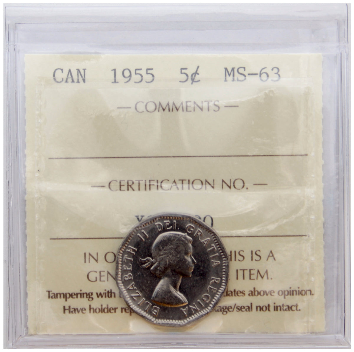 1955 Canada 5-cents ICCS Certified MS63