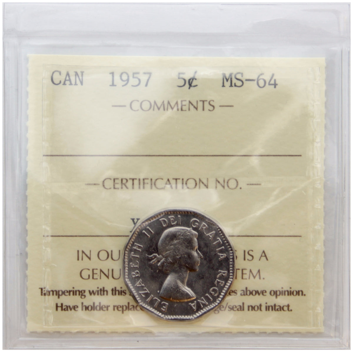 1957 Canada 5-cents ICCS Certified MS64