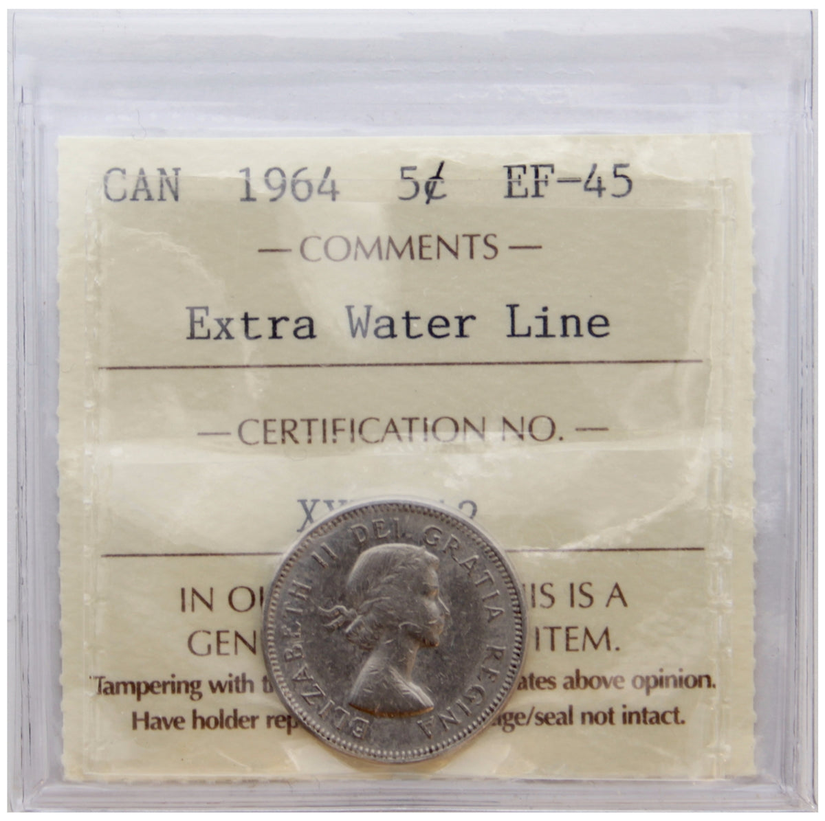 1964 Extra Water Line Canada 5-cents ICCS Certified EF45