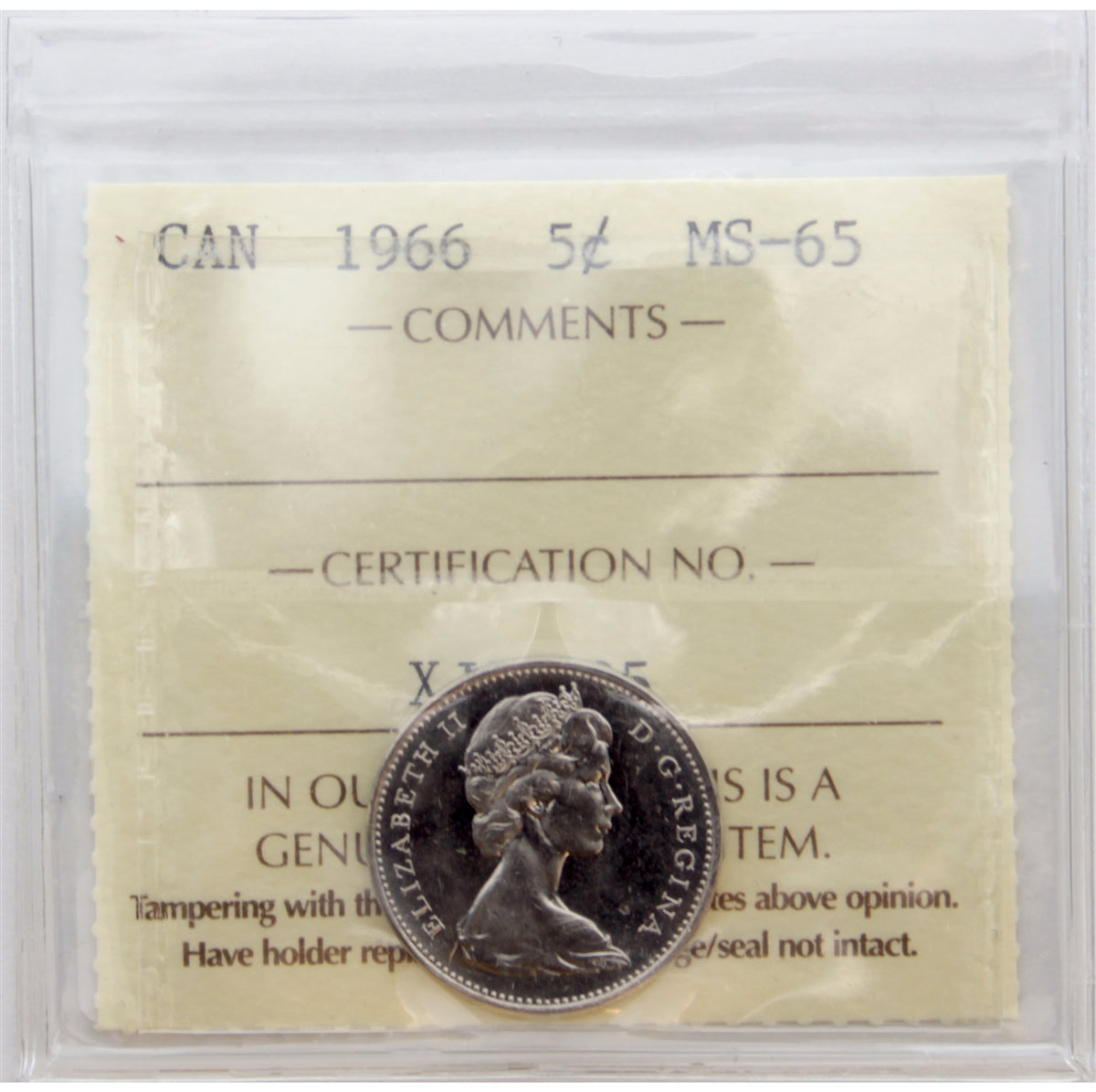 1966 Canada 5-cents ICCS Certified MS65 (XJG 705)