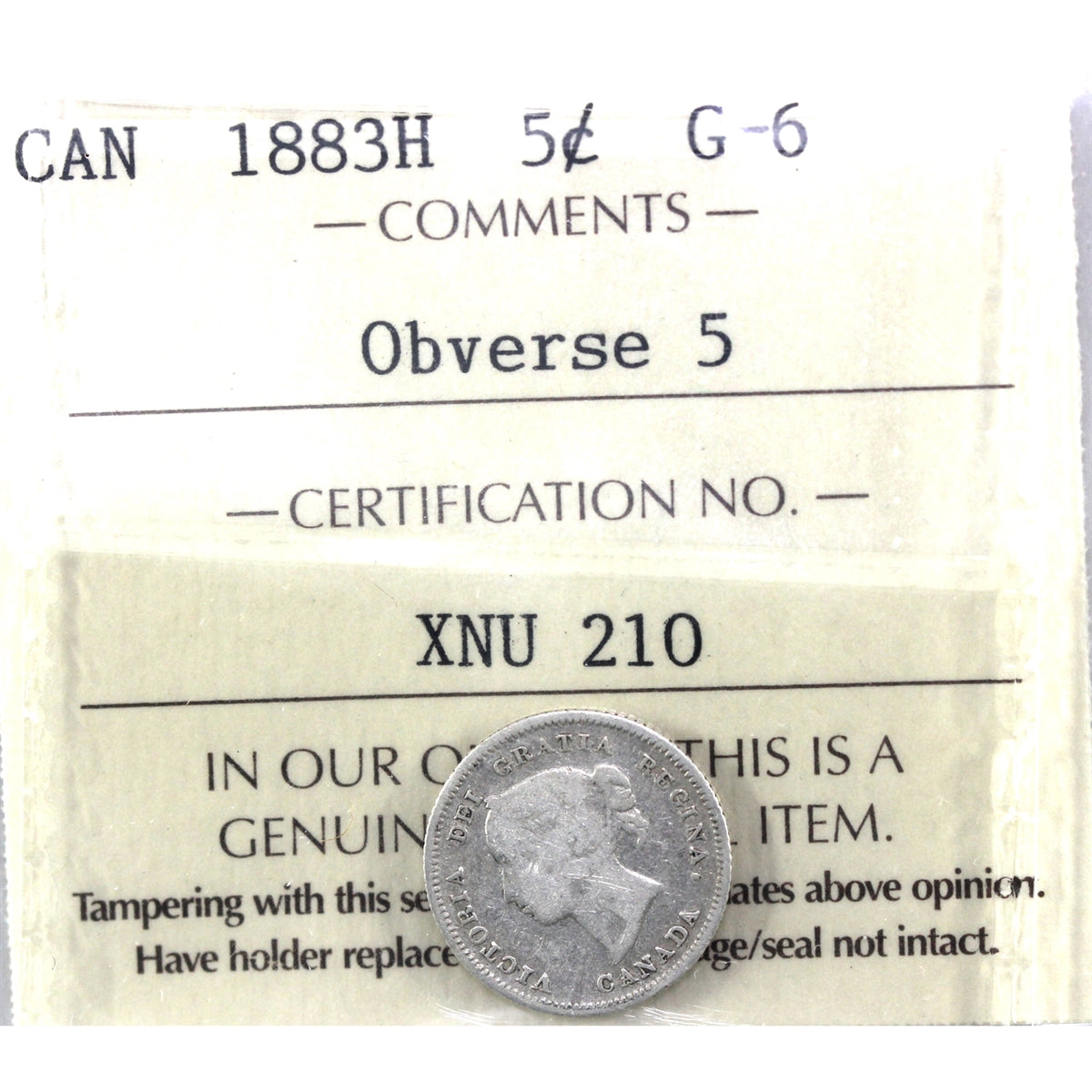 1883H Obv. 5 Canada 5-cents ICCS Certified G6