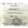 1883H Obv. 5 Canada 5-cents ICCS Certified F15