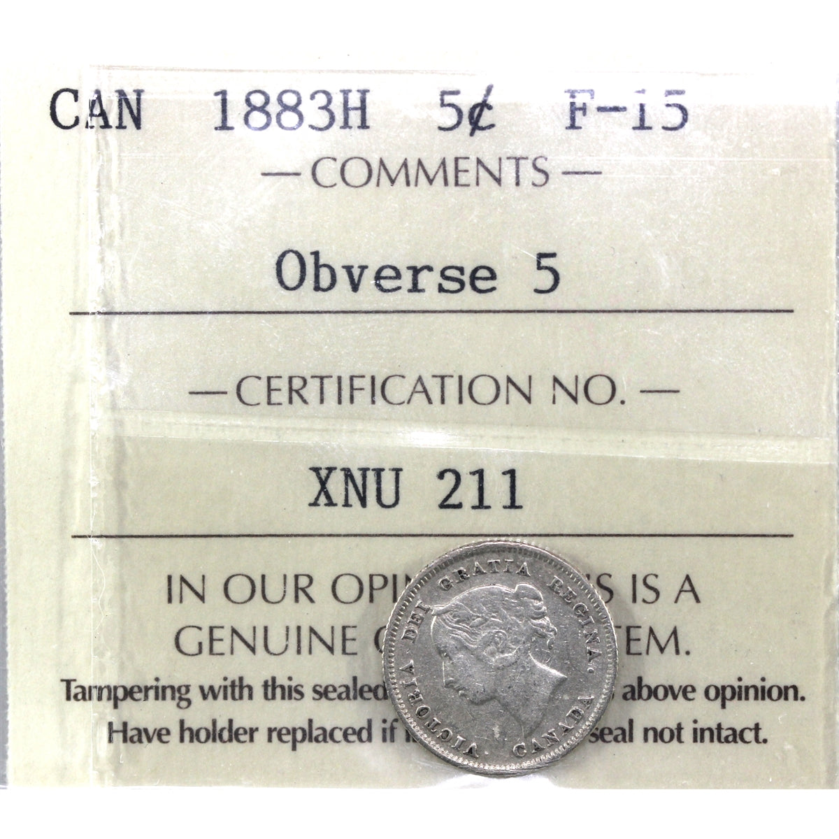 1883H Obv. 5 Canada 5-cents ICCS Certified F15