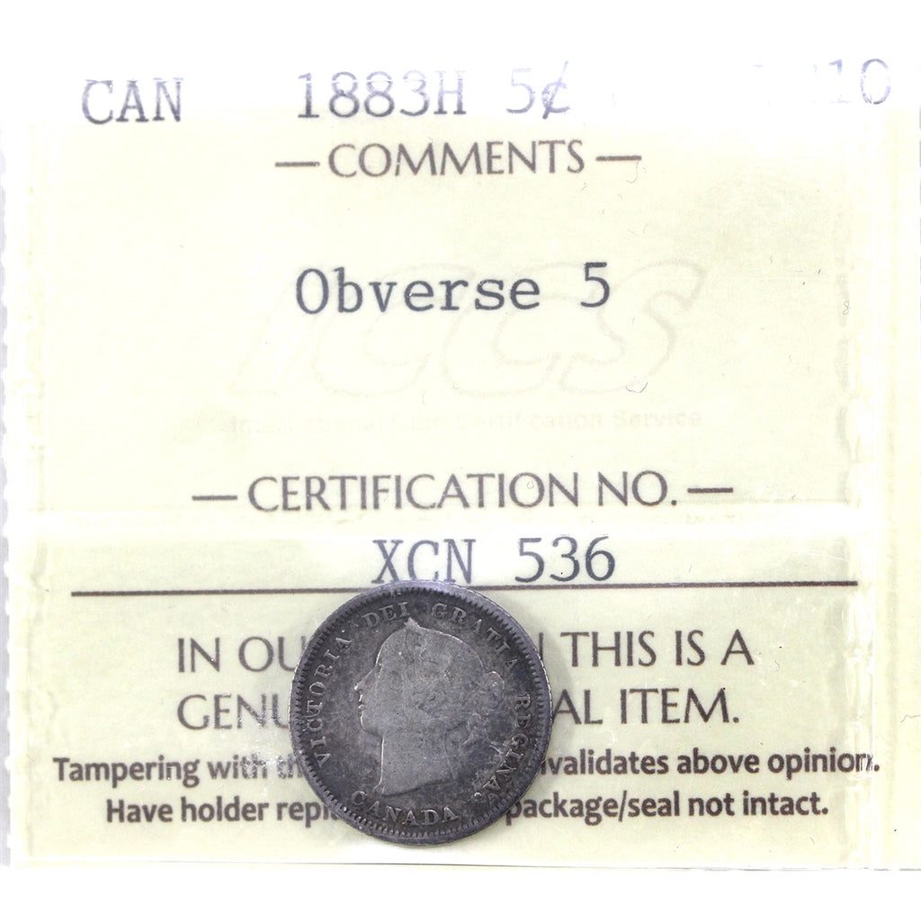 1883H Obv. 5 Canada 5-cents ICCS Certified VG10
