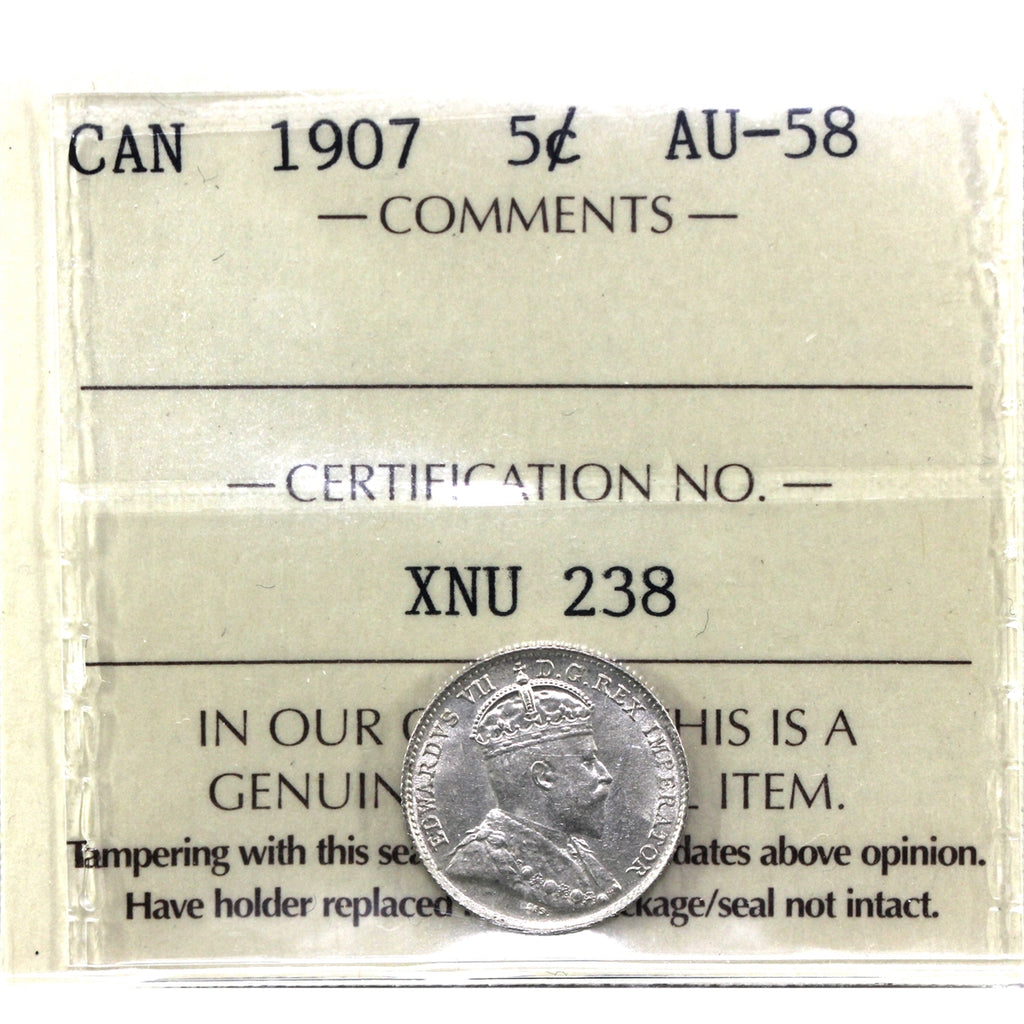 1907 Canada 5-cents ICCS Certified AU58