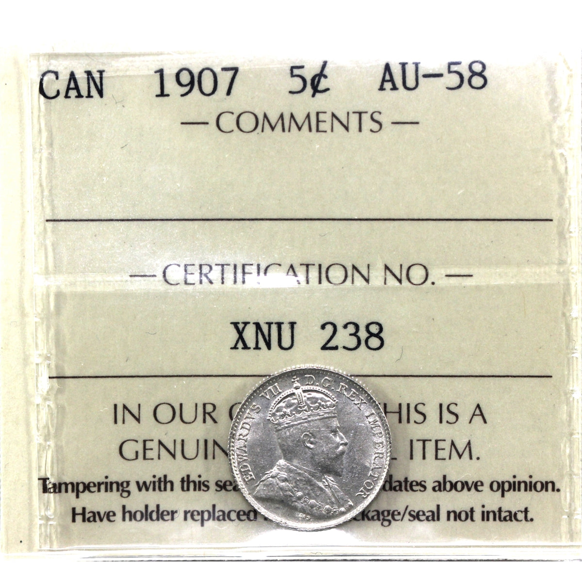 1907 Canada 5-cents ICCS Certified AU58