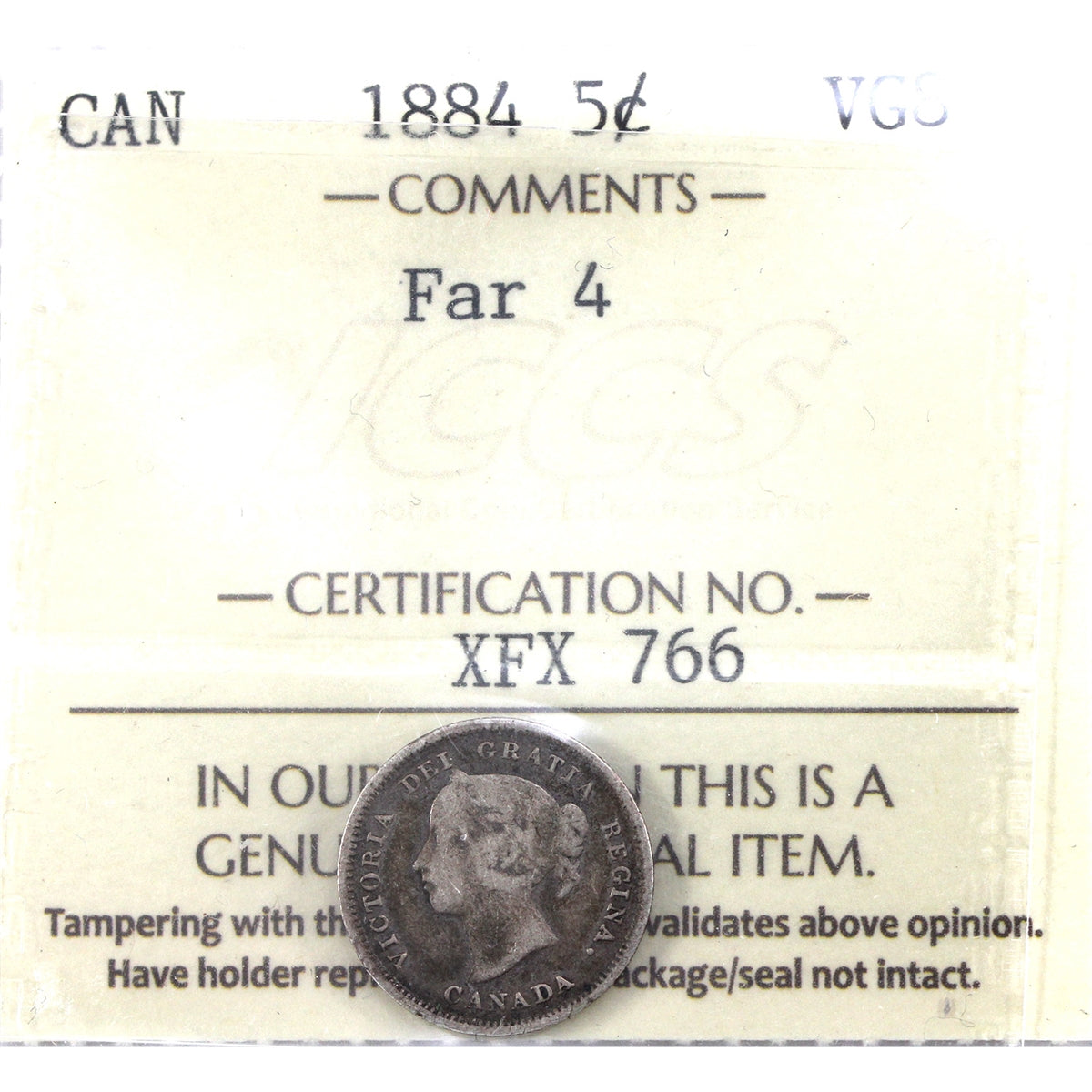 1884 Far 4 Canada 5-cents ICCS Certified VG8