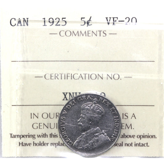 1925 Canada 5-cents ICCS Certified VF20