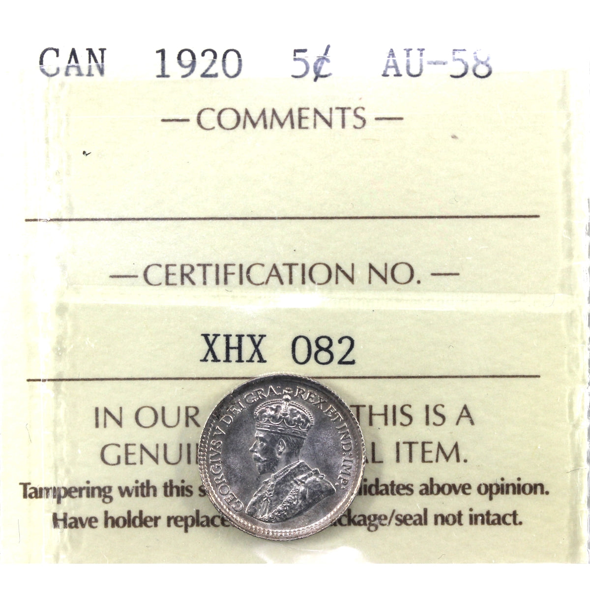 1920 Canada 5-cents ICCS Certified AU58