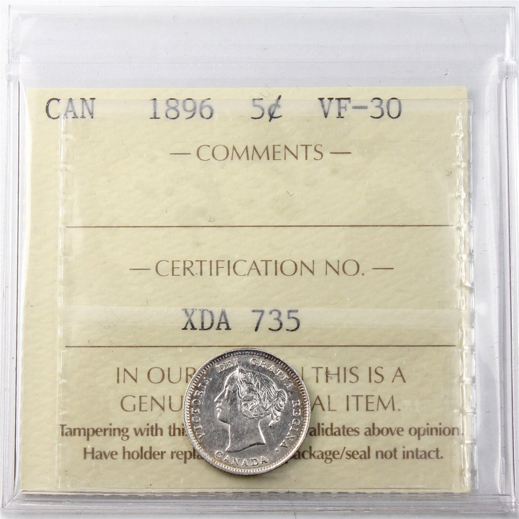 1896 Canada 5-cents ICCS Certified VF30