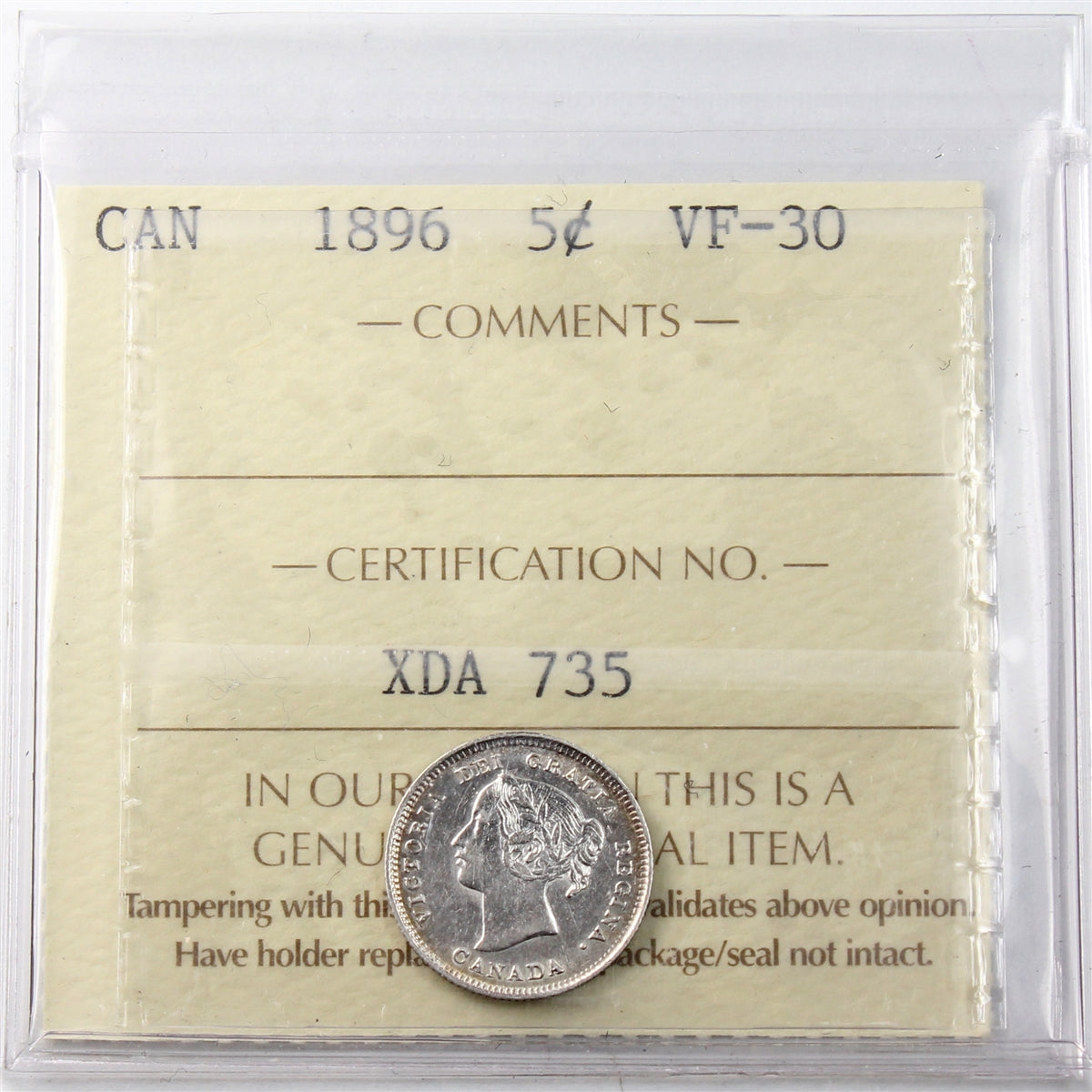1896 Canada 5-cents ICCS Certified VF30
