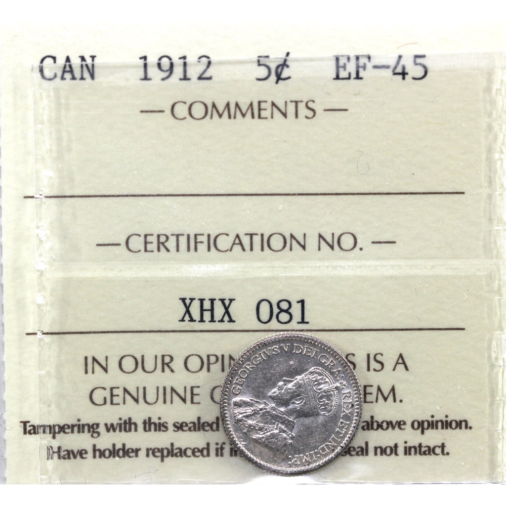 1912 Canada 5-cents ICCS Certified EF45