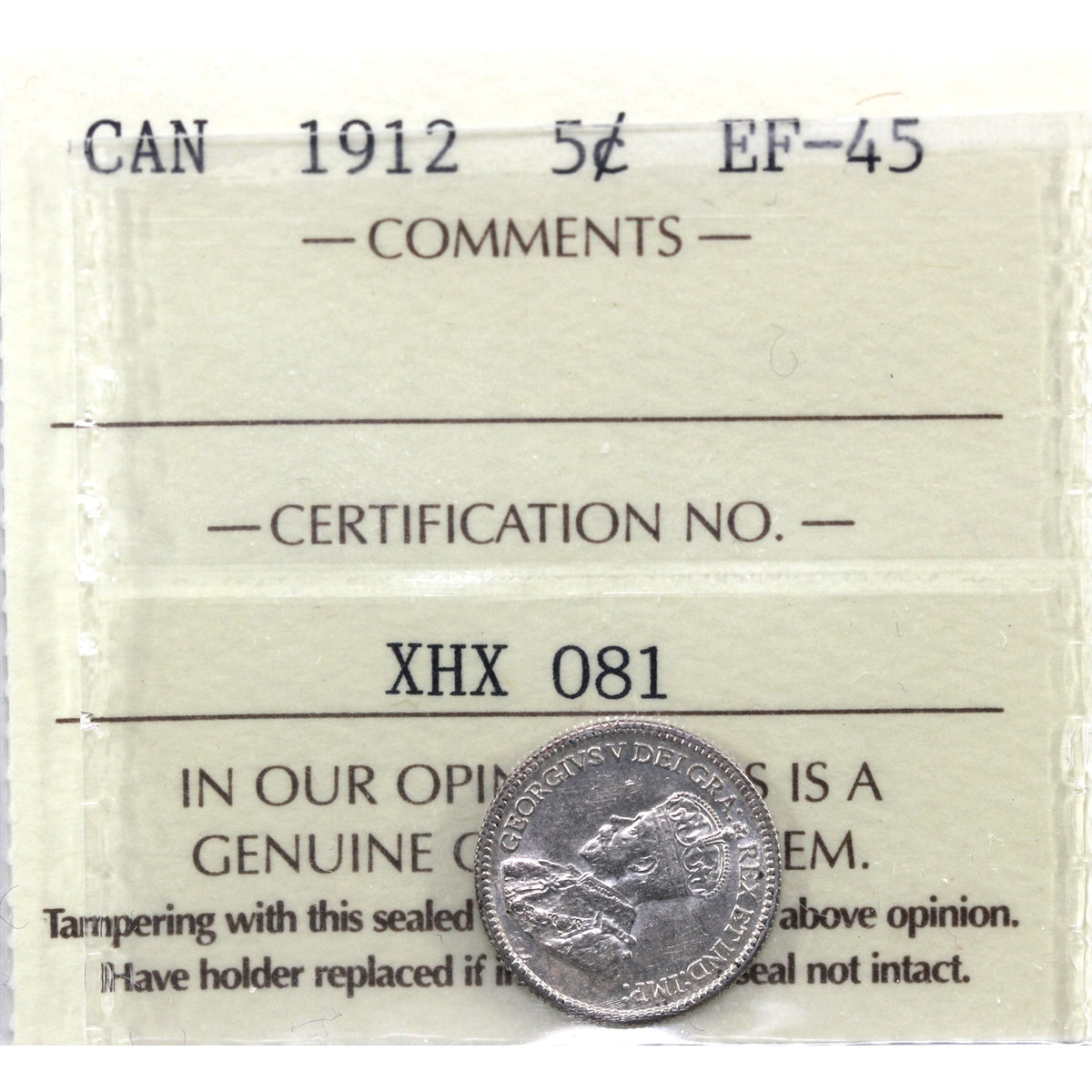 1912 Canada 5-cents ICCS Certified EF45