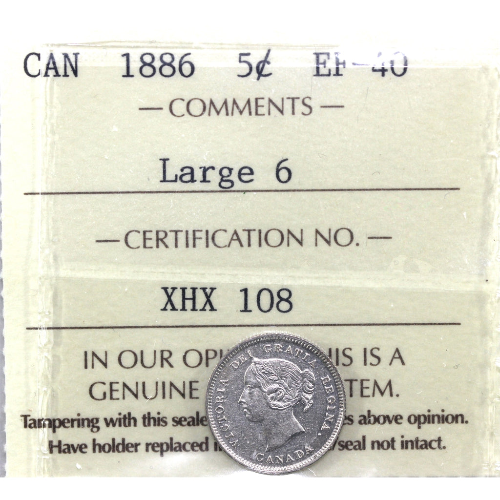1886 Large 6 Canada 5-cents ICCS Certified EF40