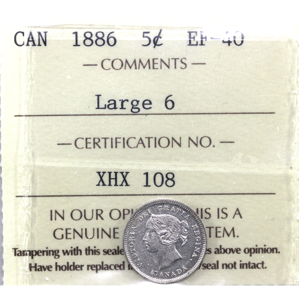 1886 Large 6 Canada 5-cents ICCS Certified EF40