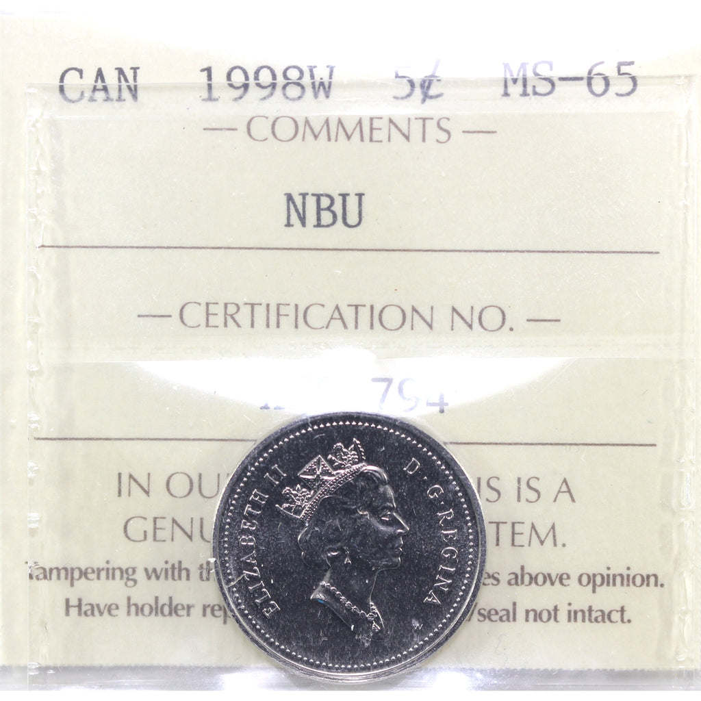 1998W Canada 5-cents ICCS Certified MS65 NBU