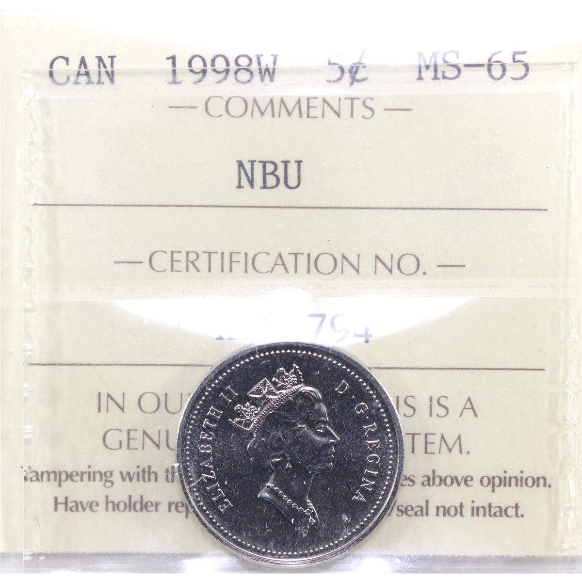 1998W Canada 5-cents ICCS Certified MS65 NBU