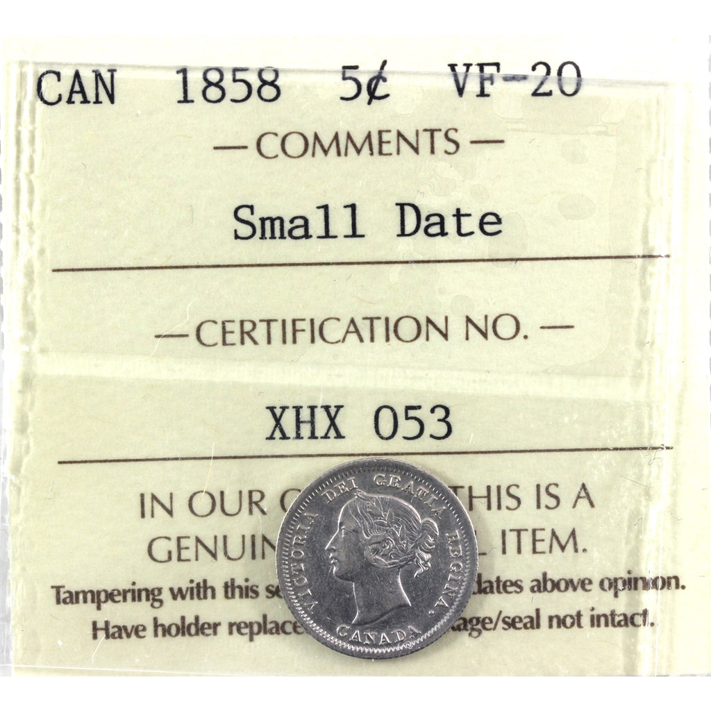 1858 Small Date Canada 5-cents ICCS Certified VF20