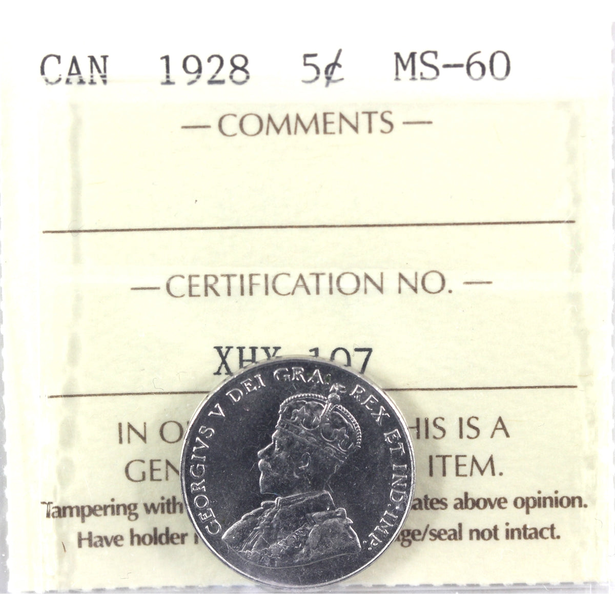 1928 Canada 5-cents ICCS Certtified MS60