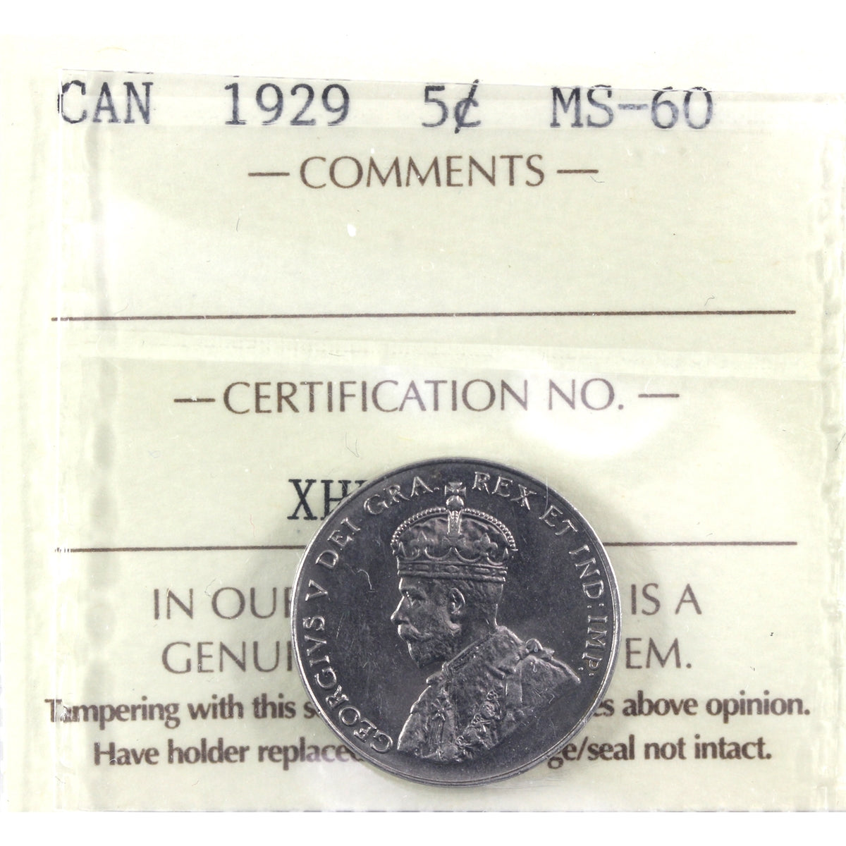 1929 Canada 5-cents ICCS Certified MS60