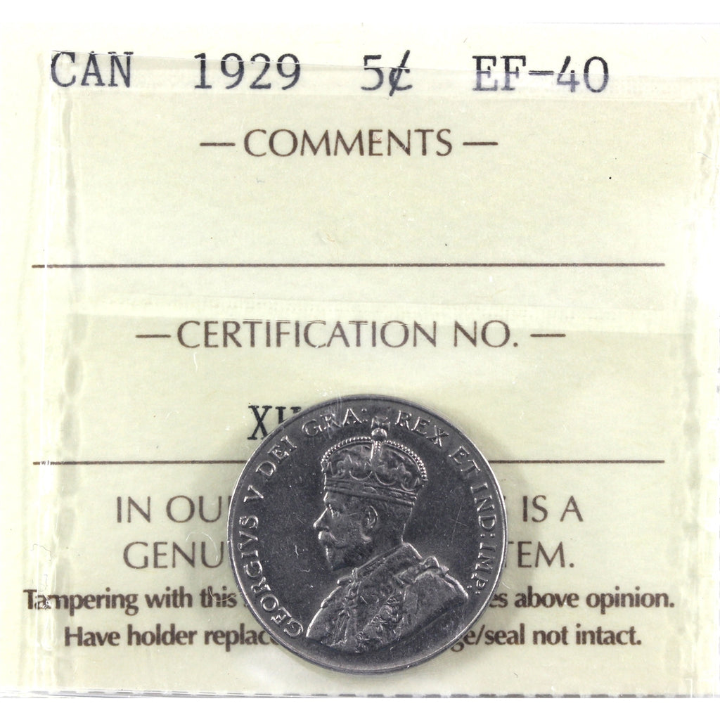 1929 Canada 5-cents ICCS Certified EF40