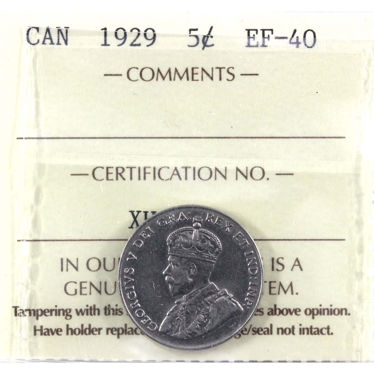 1929 Canada 5-cents ICCS Certified EF40