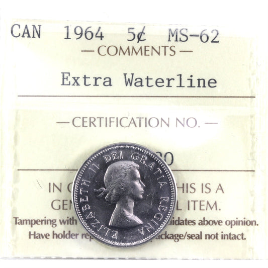 1964 Extra Water Line Canada 5-cents ICCS Certified MS62
