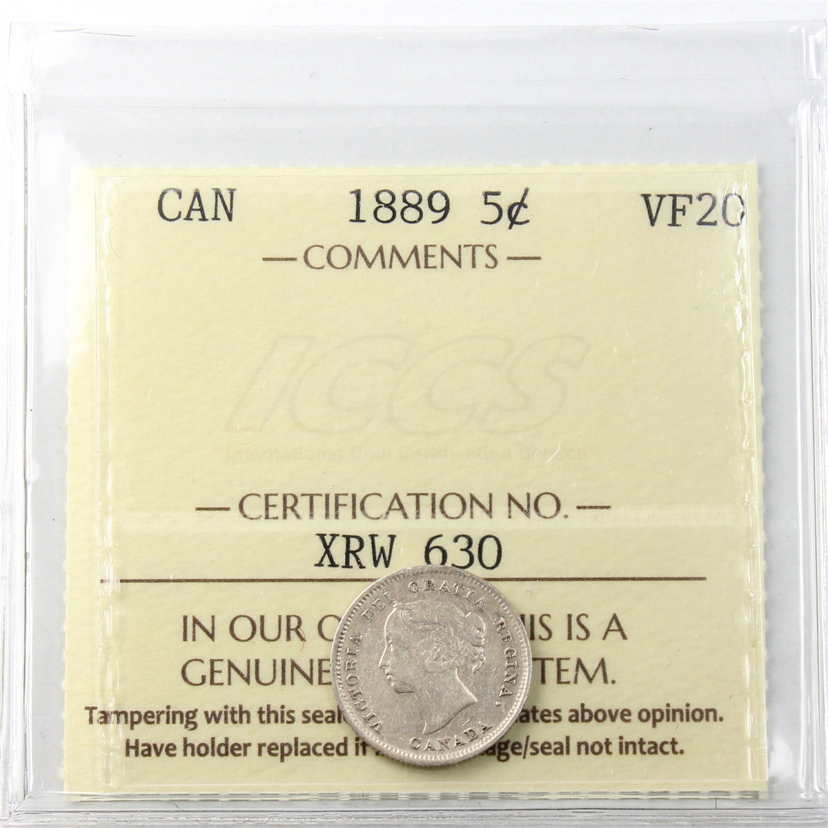 1889 Canada 5-cents ICCS Certified VF20