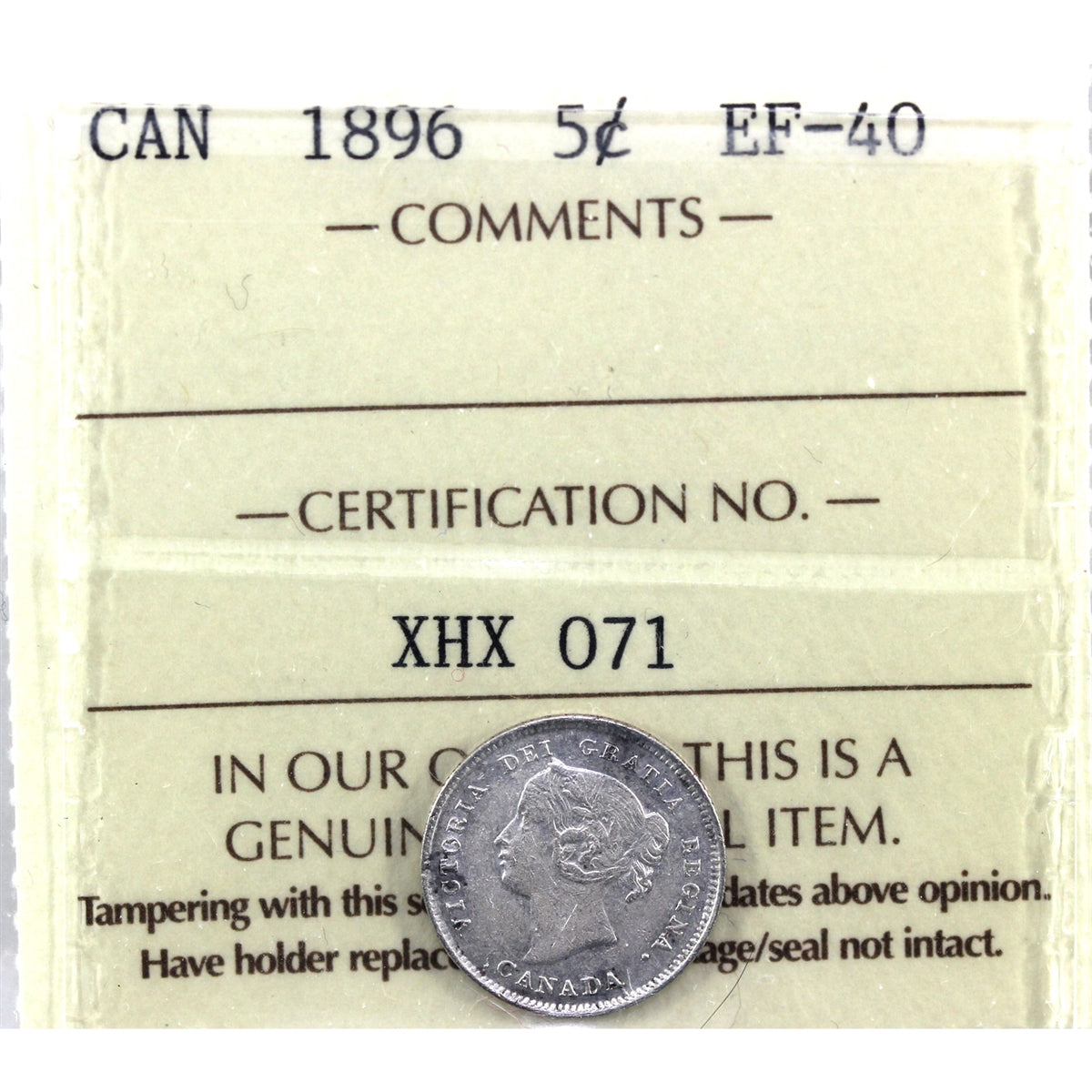 1896 Canada 5-cents ICCS Certified EF40