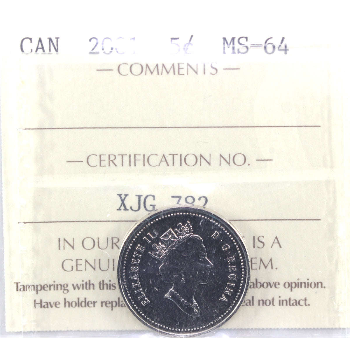 2001 Canada 5-cents ICCS Certified MS64