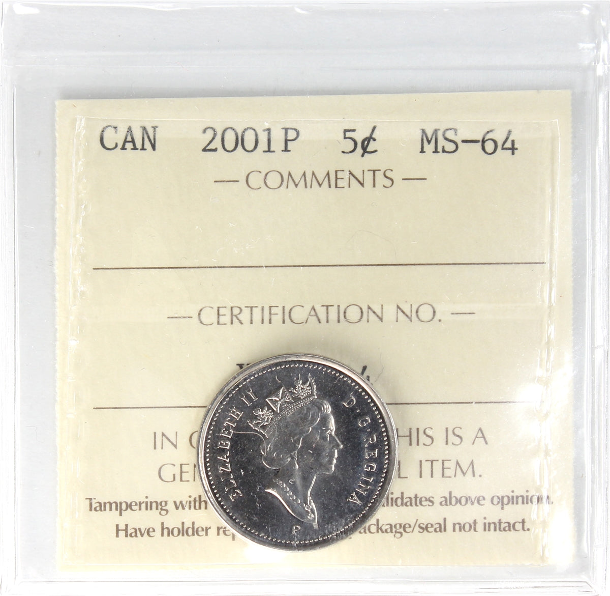 2001P Canada 5-cents ICCS Certified MS64
