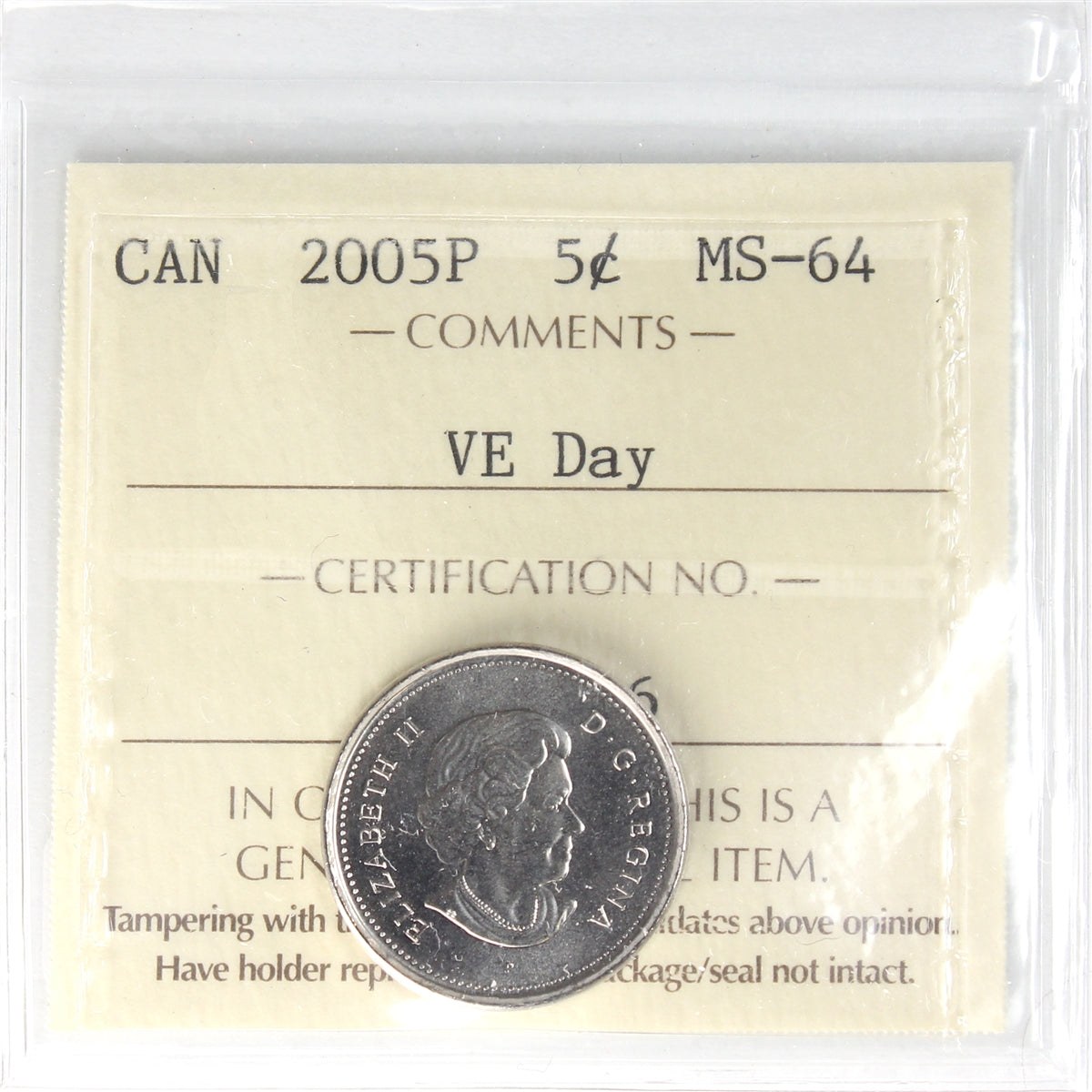 2005P VE Day Canada 5-cents ICCS Certified MS64