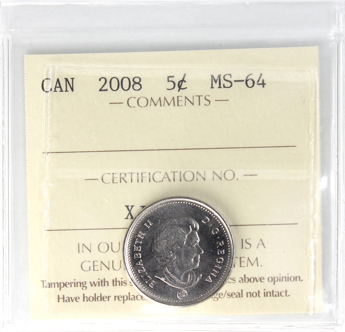 2008 Canada 5-cents ICCS Certified MS64