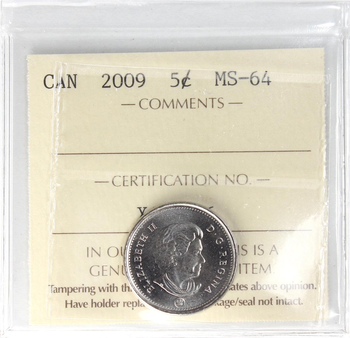 2009 Canada 5-cents ICCS Certified MS64