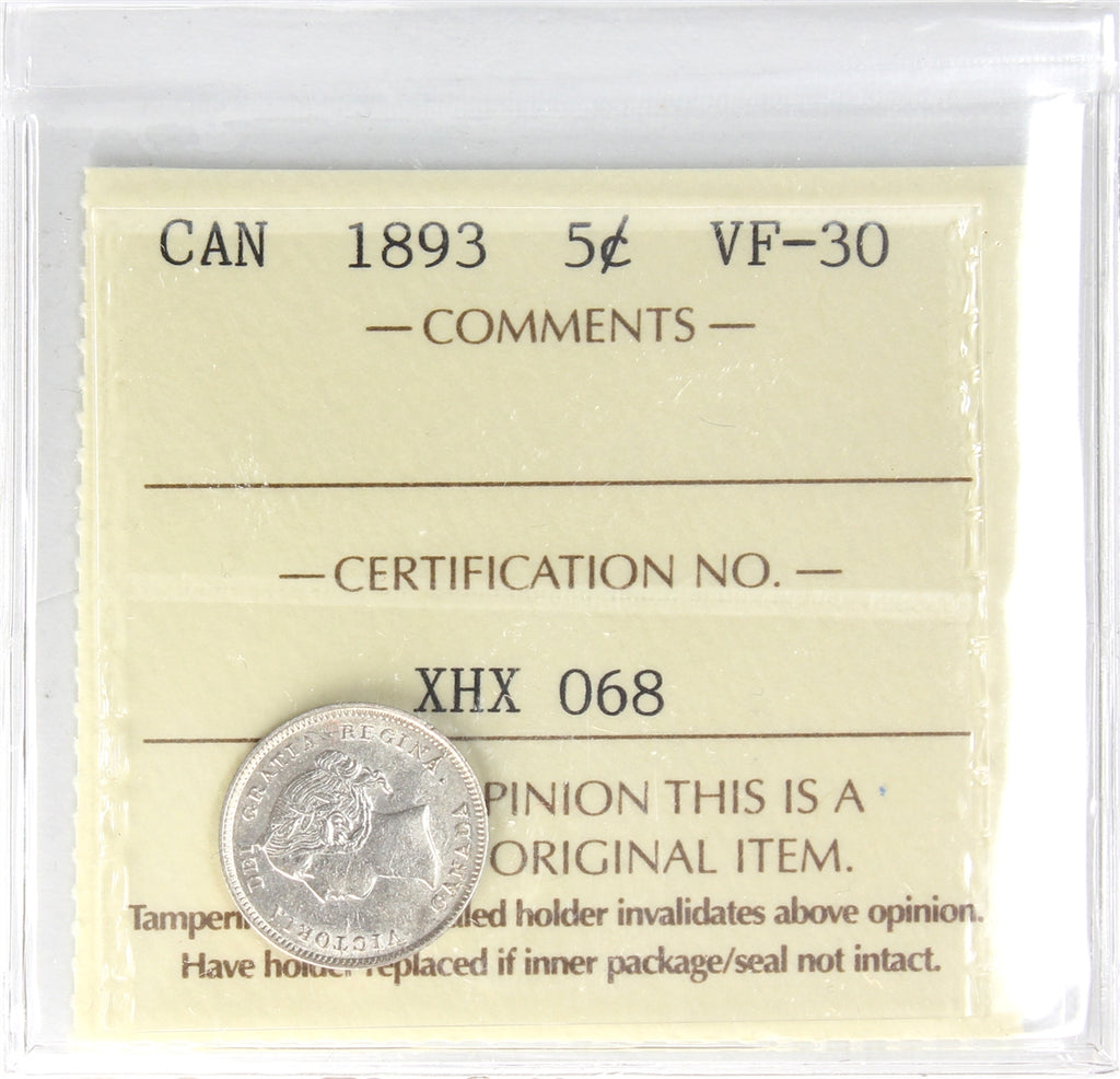 1893 Canada 5-cents ICCS Certified VF30
