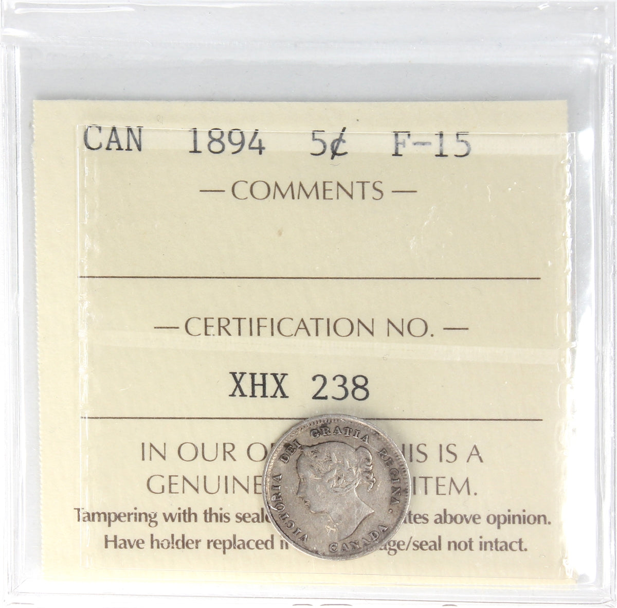 1894 Canada 5-cents ICCS Certified F15