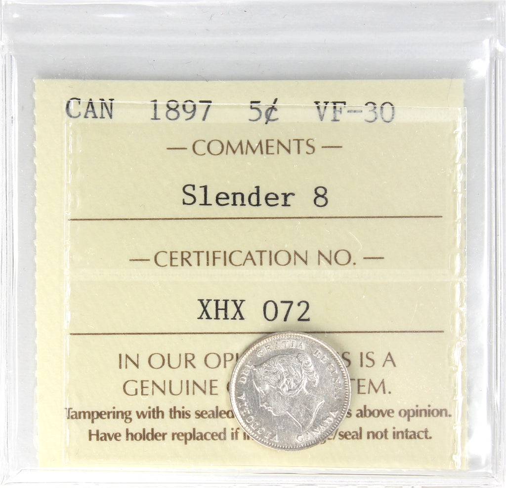 1897 Slender 8 Canada 5-cents ICCS Certified VF30