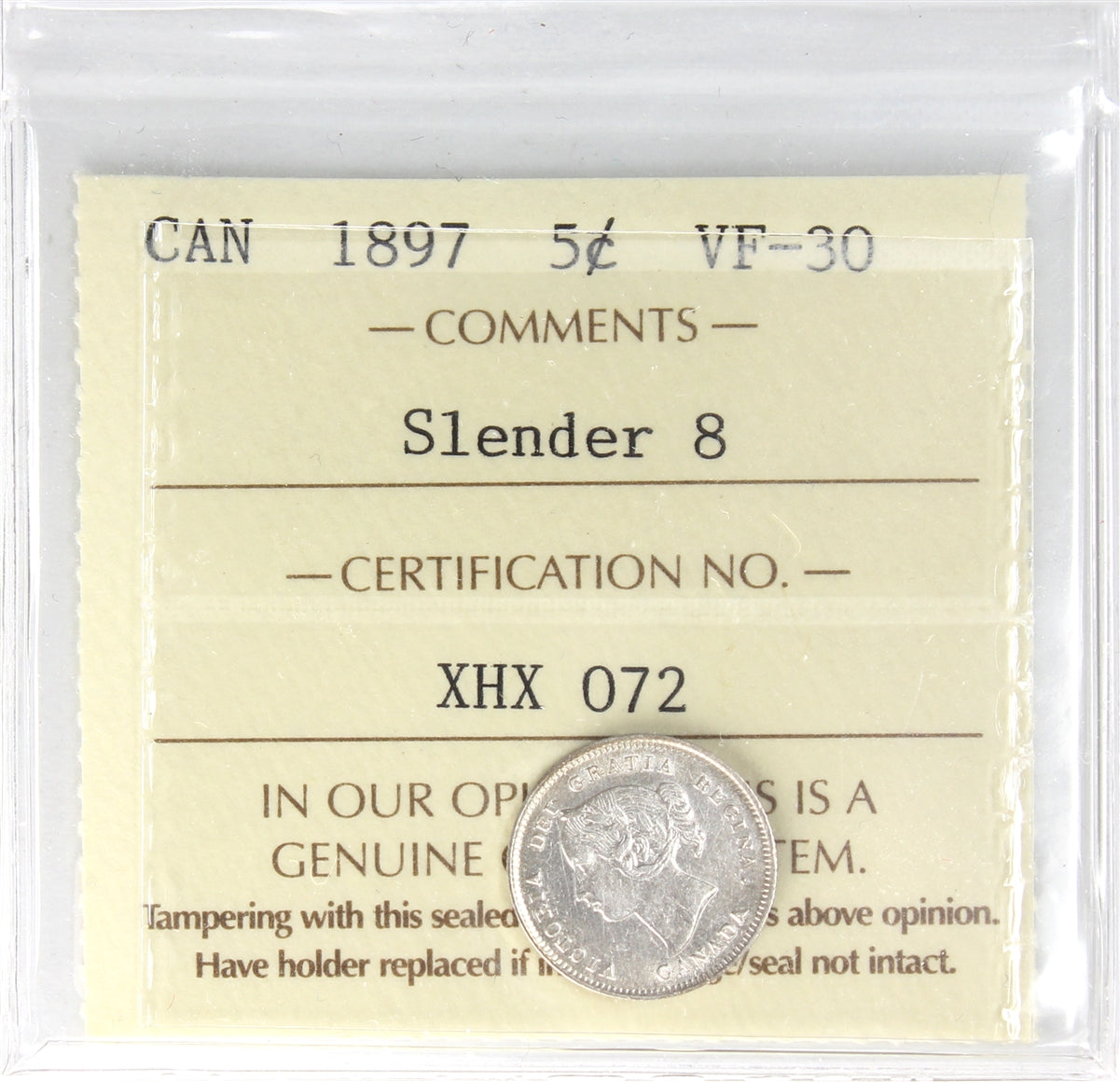 1897 Slender 8 Canada 5-cents ICCS Certified VF30