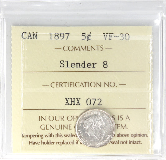 1897 Slender 8 Canada 5-cents ICCS Certified VF30