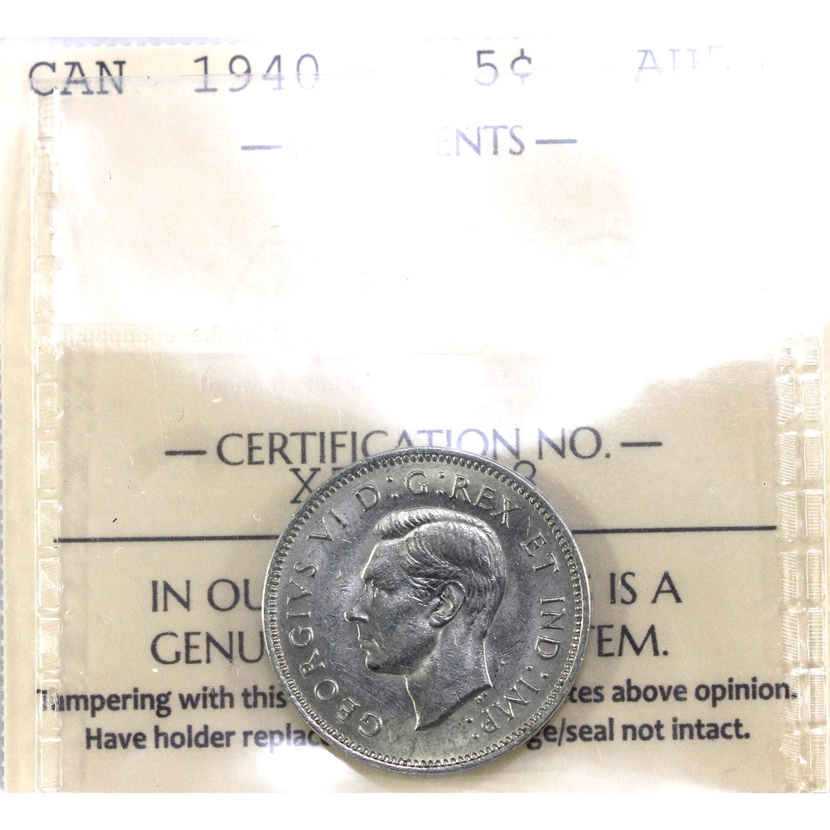 1940 Canada 5-cents ICCS Certified AU55