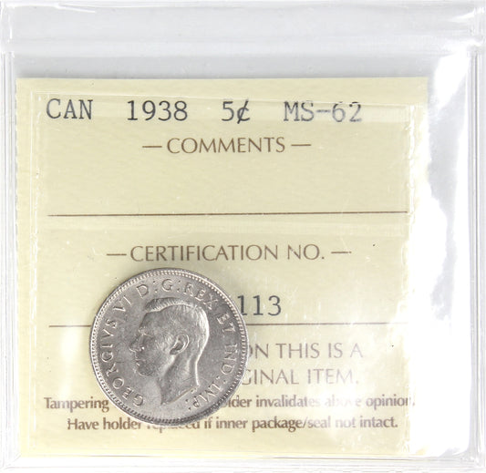 1938 Canada 5-cents ICCS Certified MS62