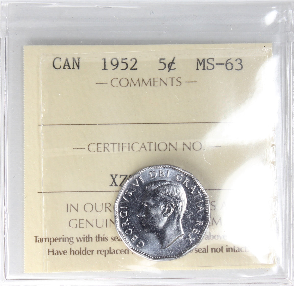 1952 Canada 5-cents ICCS Certified MS63