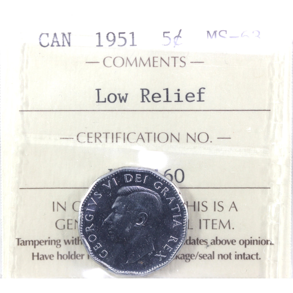 1951 Low Relief Canada 5-cents ICCS Certified MS63
