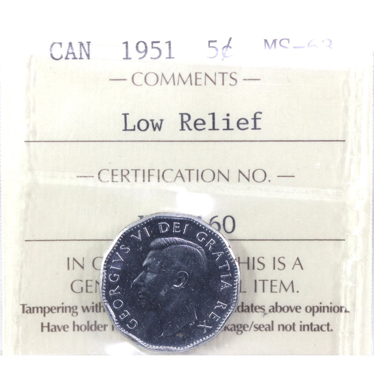 1951 Low Relief Canada 5-cents ICCS Certified MS63