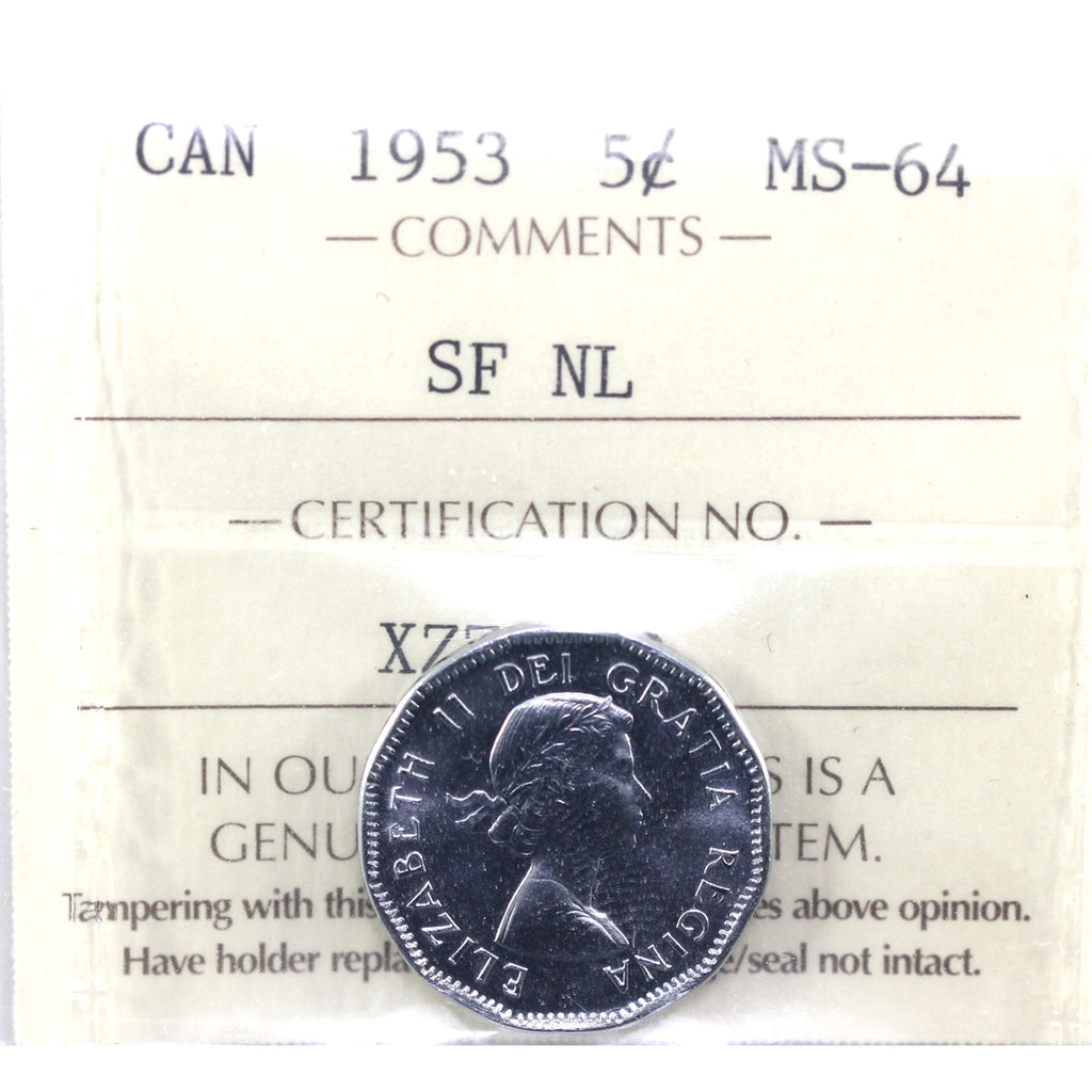 1953 SF NL Canada 5-cents ICCS Certified MS64