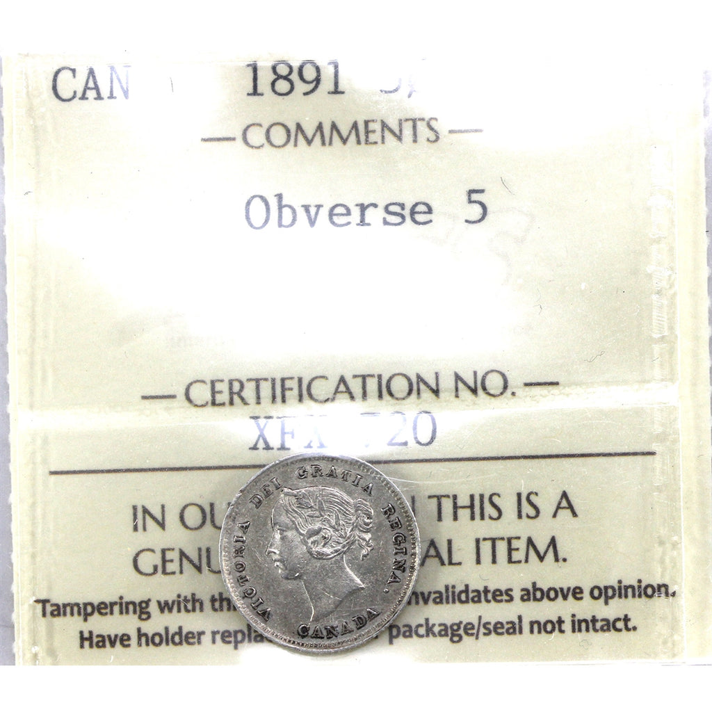 1891 Obv. 5 Canada 5-cents ICCS Certified EF40